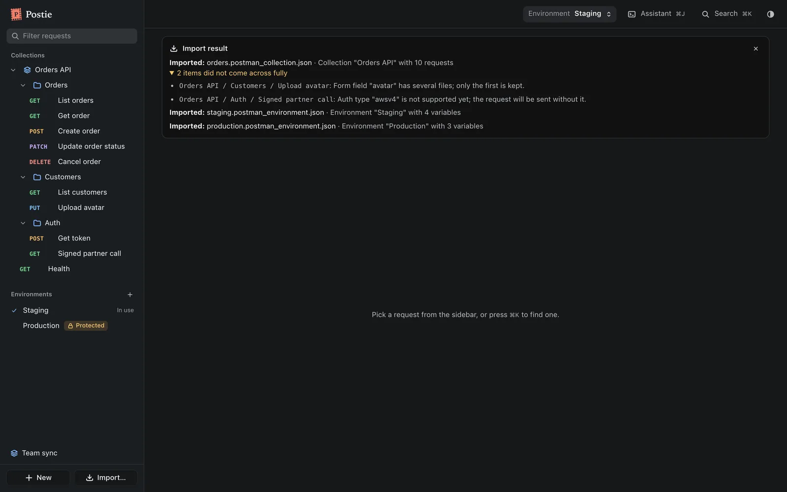 The import report after bringing in Postman files