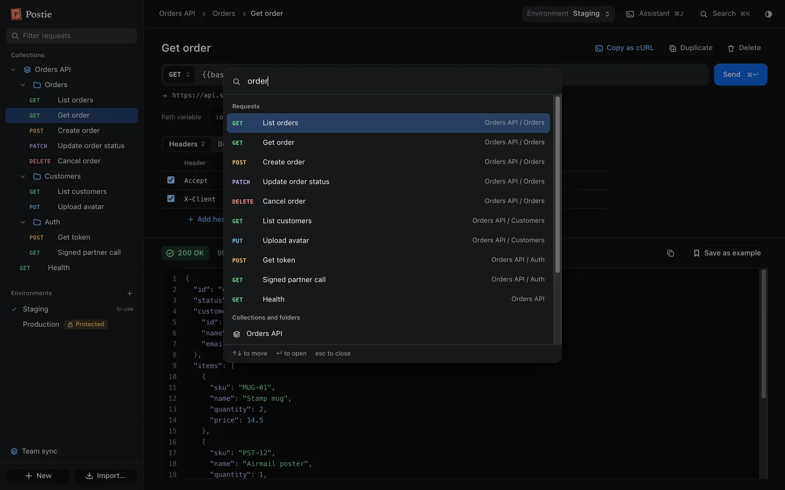 The ⌘K palette listing matching requests, folders and commands