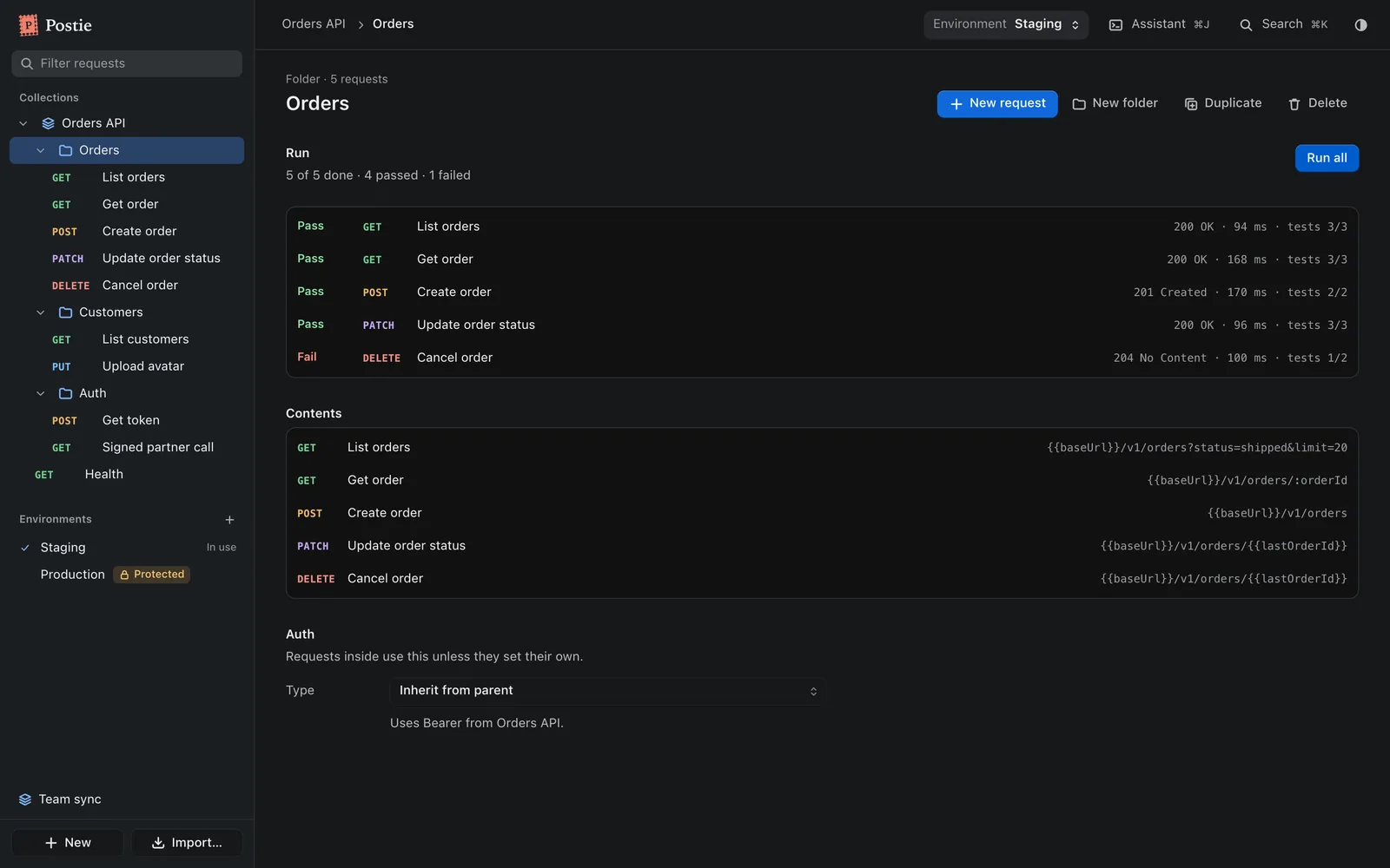 The collection runner listing requests with a pass or fail mark next to each